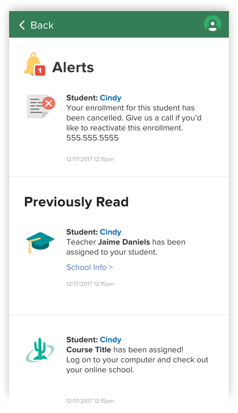 screenshots of the Alerts on the K12 App